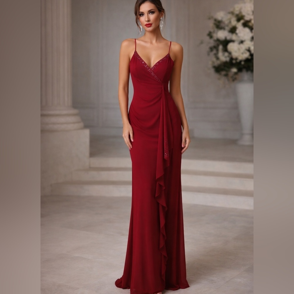 Dave & Johnny Formal Maxi Dress Women 9 10 Rhinestone Studded Ruffled Sleeveless